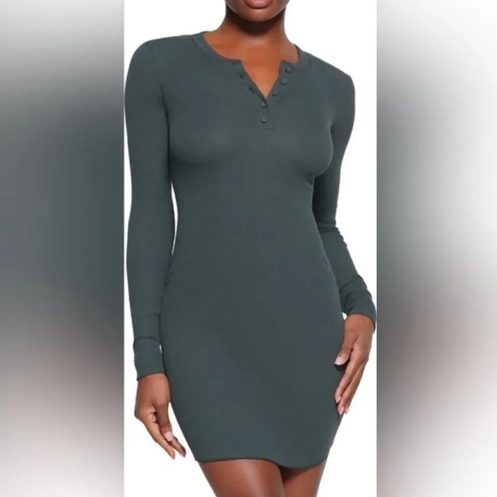 SKIMS Cotton Rib Long Sleeve Dress Olive Green XS NWT